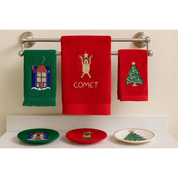 *Vintage 3 Christmas Embroidered Towels Set Red Green Comet Tree House 1 NWT - Picture 1 of 6